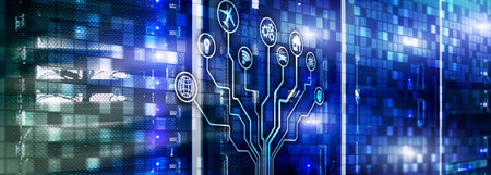 Smart server concept. IOT Internet of Things. ICT Information Communication Technology. Diagrams...