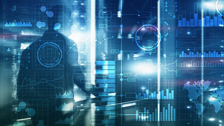 Business intelligence. Diagram, Graph, Stock Trading, Investment dashboard, transparent blurred...