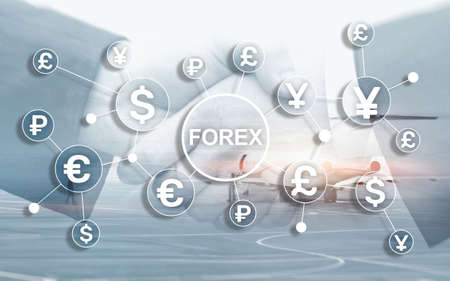 Forex trading currency exchange business finance diagrams dollar euro icons on blurred background.の写真素材