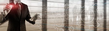 Gear icon on virtual screen. Horizontal panorama. Financial Banner for the site