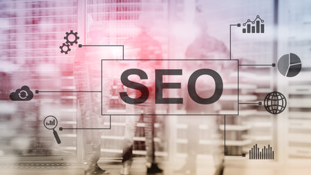 SEO - Search engine optimization, Digital marketing and internet technology concept on blurred...