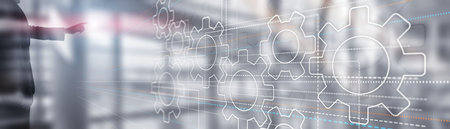 Gear icon on virtual screen. Horizontal panorama. Financial Banner for the site.の写真素材
