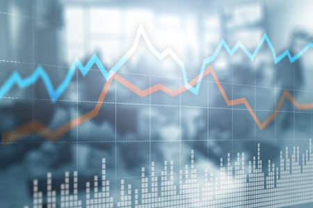 Trading Investment concept on virtual screen on blurred office. Stock chart