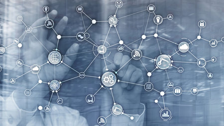 Technology industrial business process workflow organisation structure on virtual screen. IOT smart...