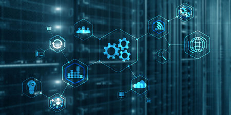 Gears icon business process automation connect. Server room abstract background