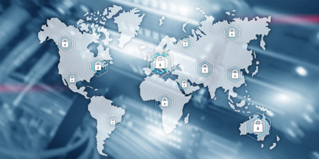 Global cyber security concept communication privacy data protection server room background.