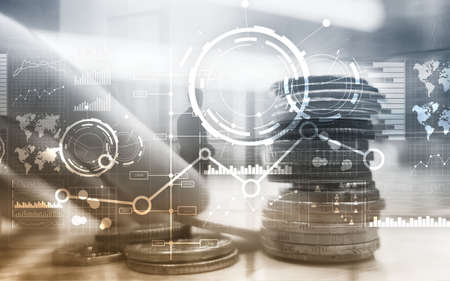 Creative digital abstract business interface background. Financial chart graph diagram and icon on virtual screen. Double exposure.の写真素材