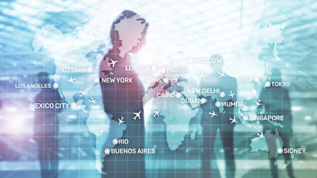 Aviation wallpaper with planes over the map with major city names. Digital map with planes around...