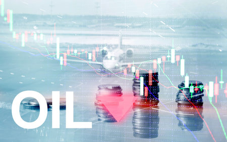 Oil trend down. Candle graph chart Oil barrels and a financial chart on abstract business...