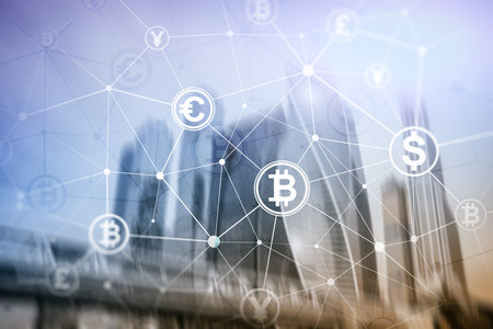 Double exposure Bitcoin and blockchain concept. Digital economy and currency trading.