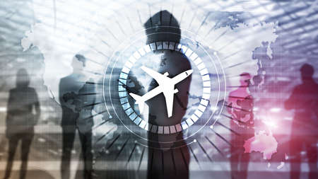 Online booking 3D icon airplane on virtual screen.の写真素材