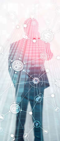 Vertical Panorama Banner. Business process structure industrial workflow diagram automation innovation concept on virtual screen mixed media.の写真素材