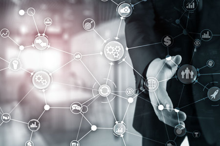 Business process structure industrial workflow diagram automation innovation concept on blurred office.の写真素材