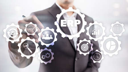 ERP system, Enterprise resource planning on blurred background. Business automation and innovation concept.の写真素材