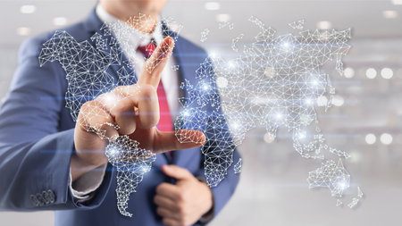 Global World Map Double Exposure Network. Telecommunication, International business Internet and...