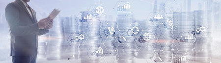 Diagrams and icons on hologram screen. Mixed Media Website Business Horizontal Background.の写真素材