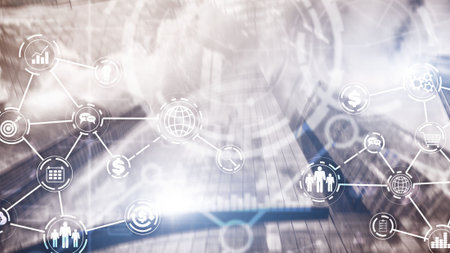 Industry business virtual diagram on city backgroundの写真素材