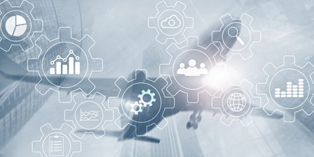Abstract Automation Technology Business Corporative concept. Diagram with gears and icons on virtual...