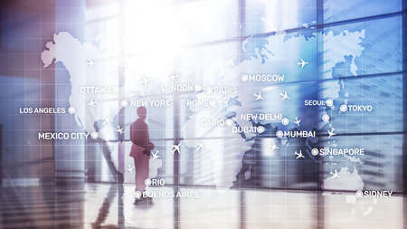 Global Aviation Abstract Background with planes and city names on a map. Business Travel Transportation conceptの写真素材