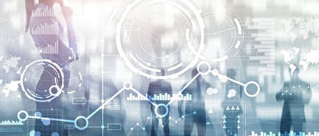 Business interface mixed media double exposure financial chart graph diagram and icon on virtual screen. Innovation concept.の写真素材