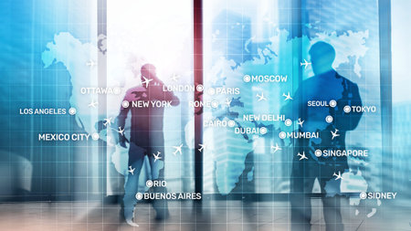 Aviation wallpaper with planes over the map with major city names. Digital map with planes around the world concept.の写真素材