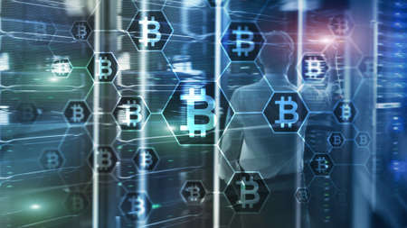 Bitcoin, Blockchain concept on server room background.の写真素材