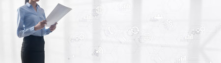 Diagrams and icons on hologram screen. Mixed Media Website Business Horizontal Background. girl with...