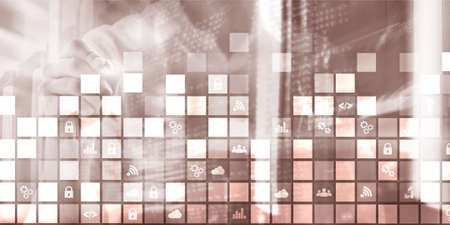 Digital abstract background pixelated icons blurred modern server room. Technology telecommunication Iot internet of thing conceptの写真素材