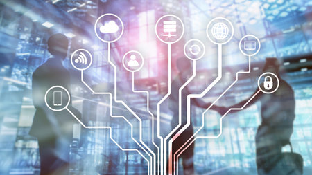 Telecommunication and IOT concept on blurred business center background