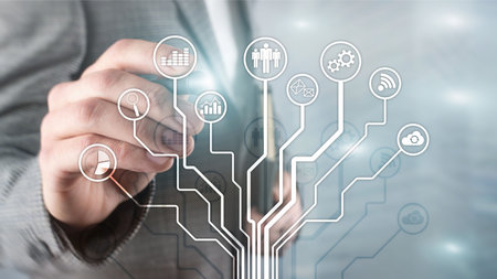 Business applications icons on blurred background. Financial and trading. Internet technology...