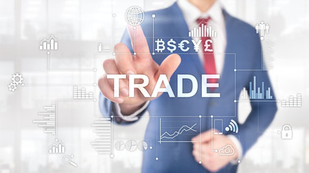 Candlestick chart and diagrams on blurred office center background