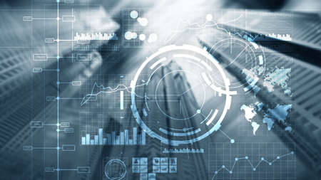 Financial dashboard with business intelligence BI. Blurred megapolis.
