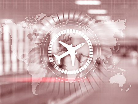 Airplane icon on virtual screen. Airplane transportation route network concept. Business Travel...