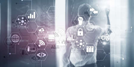 Digital concept internet of things information and telecommunication technology. Double exposure...
