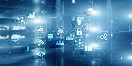 Digital concept internet of things information and telecommunication technology. Double exposure icons and server room backgroundの写真素材