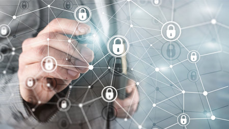 Cyber security, information privacy, data protection concept on modern server room background....