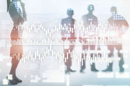 Woman and three men in the background. Candles chart diagram graph stock trading investment business finance concept mixed media double exposure virtual screen.の写真素材
