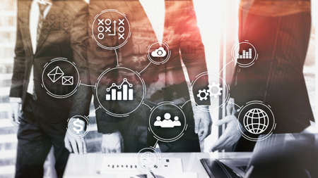 Company employees discuss a business plan. Business process automation concept on blurred background