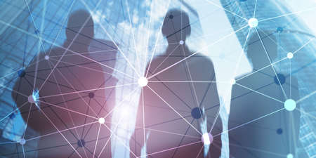 Blockchain network on blurred skyscrapers background. Financial technology and communication conceptの写真素材