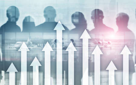 Growth up arrows on futuristic abstract background. Investing or savings to growth up money or business conceptの写真素材