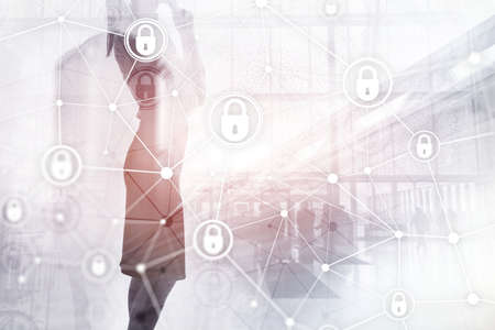 Cyber security, information privacy, data protection concept on modern server room background. Internet and digital technology concept.の写真素材