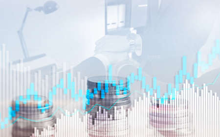 Stock trading candlestick chart and diagrams. Abstract double exposure finance background