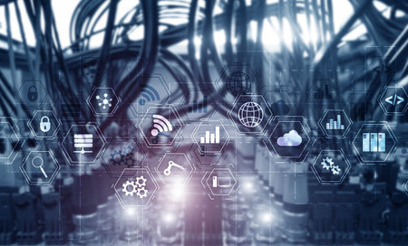Industry technology concept. Mixed Media virtual screen. Manufacturing wireless computing future technology server room.の写真素材