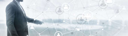 Background conceptual image with social connection lines on panoramic fone.の写真素材