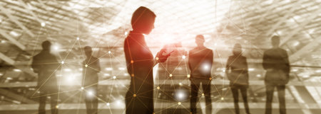 Silhouettes of Business People Over Cityscape Background. Corporate Lifestyle. Universal Wallpaper...