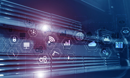 Industry technology concept. Mixed Media virtual screen. Manufacturing wireless computing future...