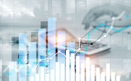 Graph on rows of coins for banking, finance on digital stock market financial exchange and trading graph.の写真素材