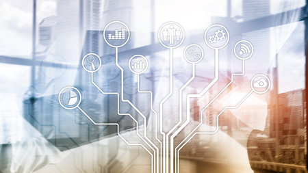 Business applications icons on blurred background. Financial and trading. Internet technology concept.の写真素材
