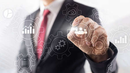 Business process abstract diagram with gears and icons. Workflow and automation technology concept.の写真素材