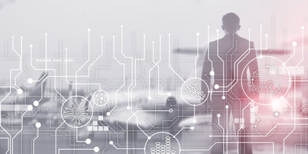 Electronic circuit board processor and gears on abstract business background.の写真素材